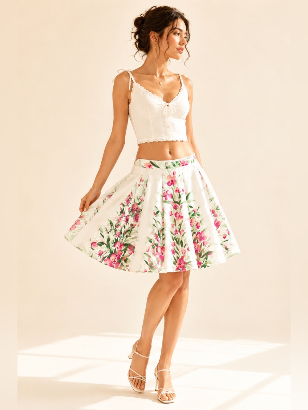Jones New York Romantic Floral Cotton Drop waist Skirt Pink Green Sz 14